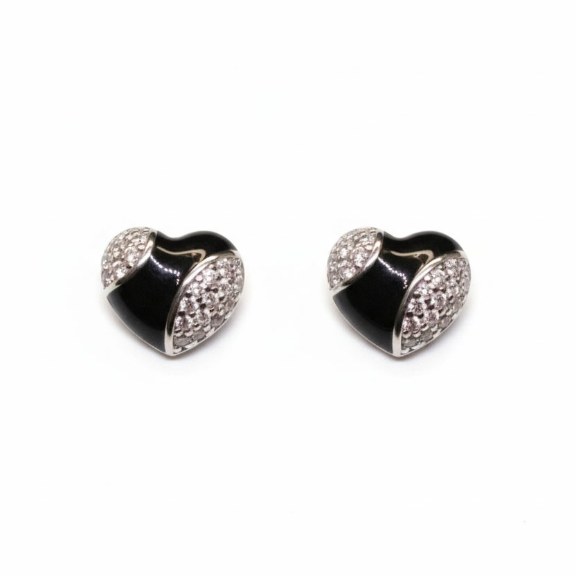 LUSO 92.5% Pure Sterling Silver Black Charming Lacquer Heart Earrings