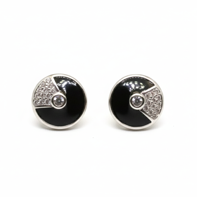 LUSO 92.5% Pure Sterling Silver Black Charming Lacquer Round Earrings