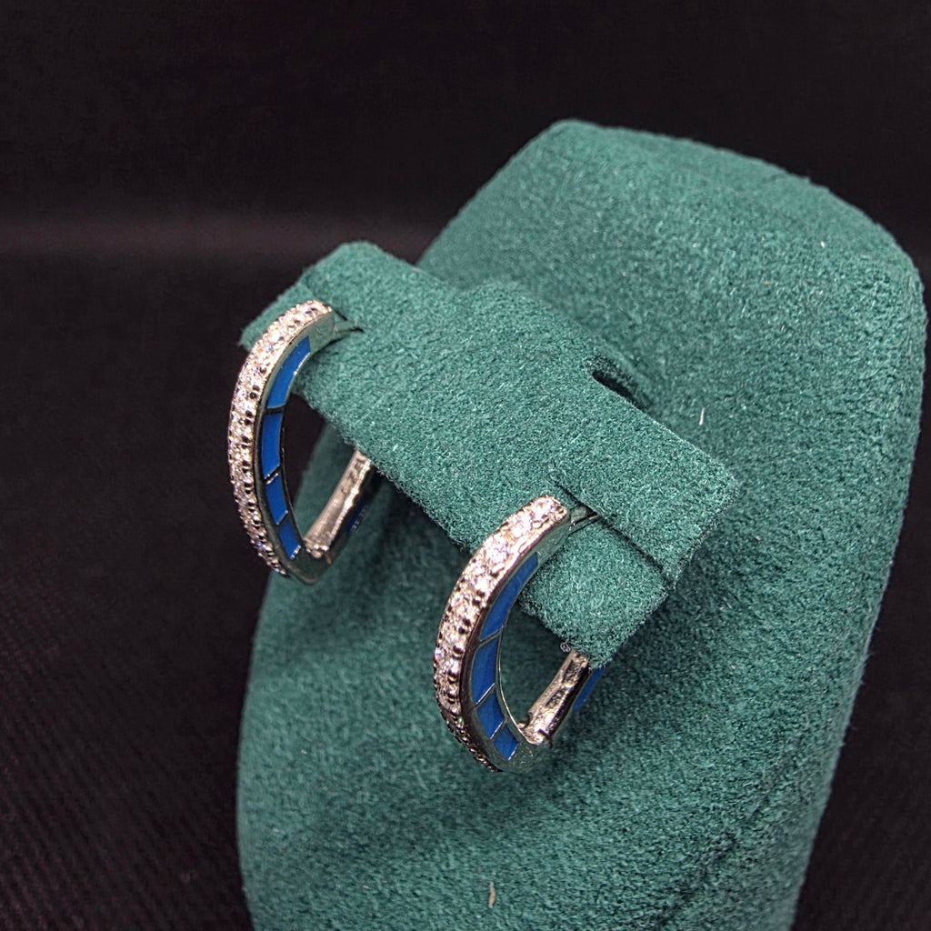 LUSO 92.5% Pure Sterling Silver Azure Blue Pavé Huggie Earrings