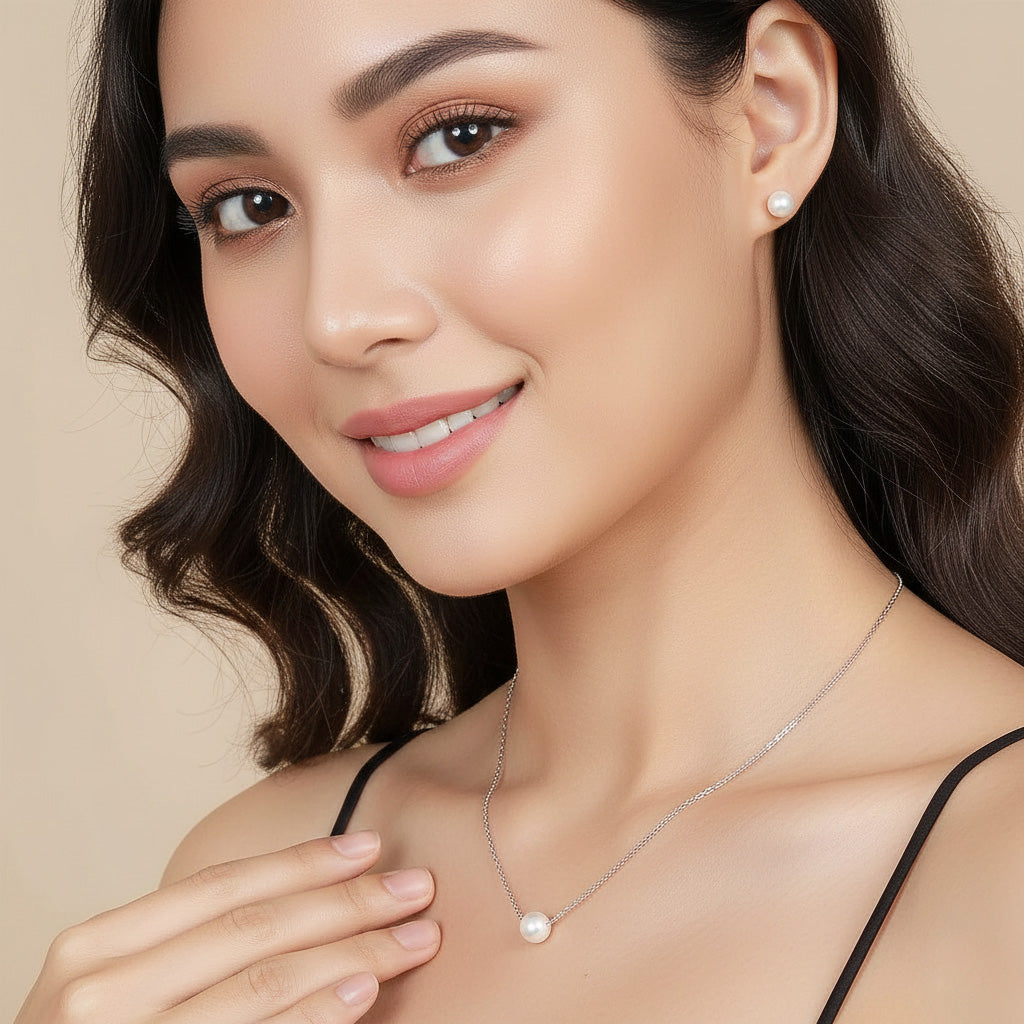 LUSO 92.5% Pure Sterling Silver Single Pearl Pendant with Earrings