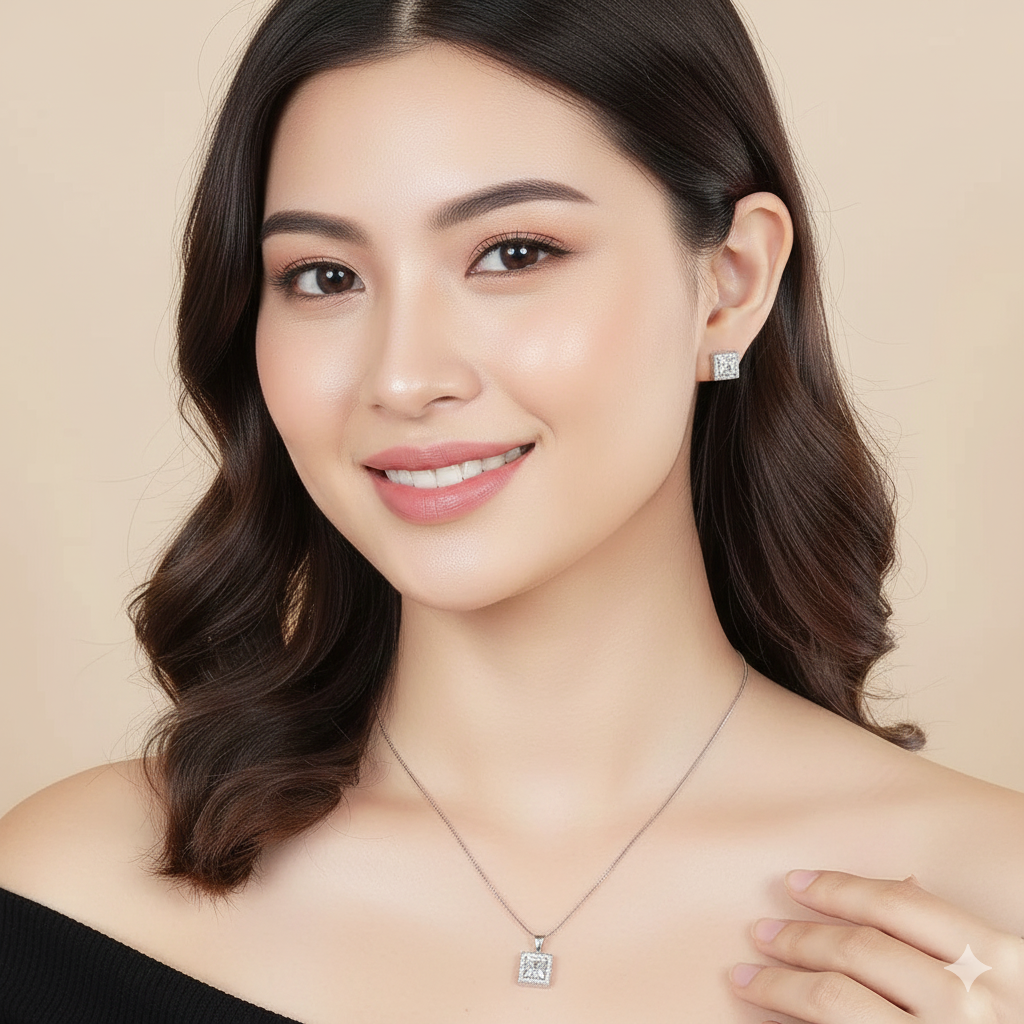 LUSO 92.5% Pure Sterling Silver Square Solitaire Pendant Set with Earrings (No Chain)