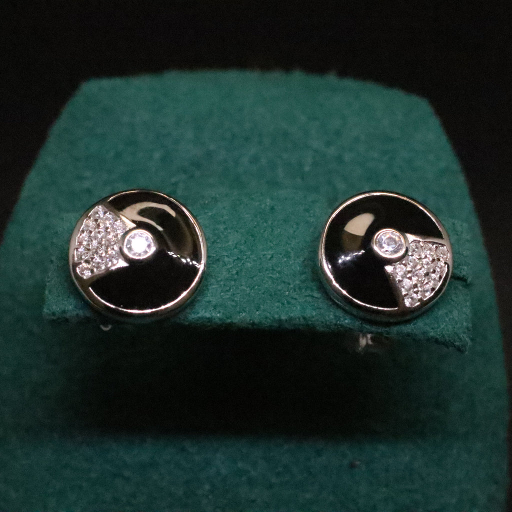 LUSO 92.5% Pure Sterling Silver Black Charming Lacquer Round Earrings
