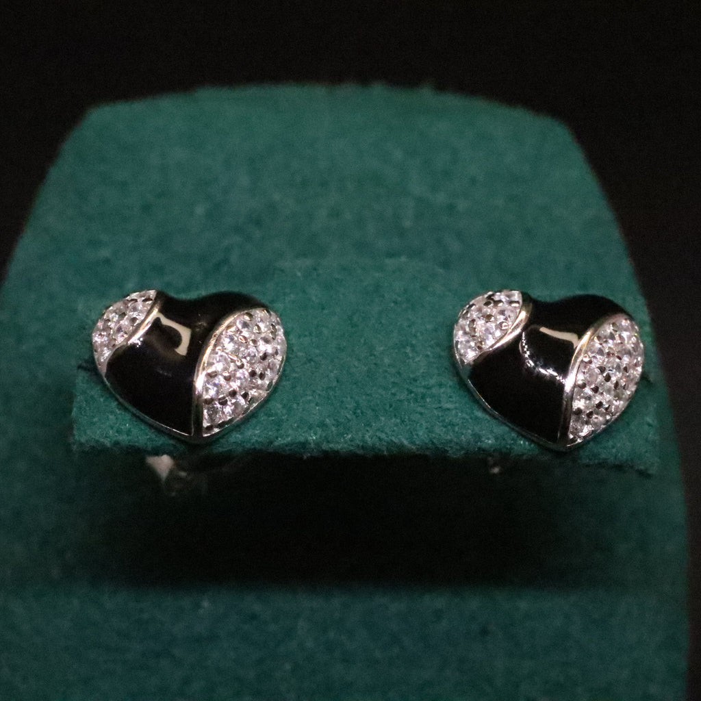 LUSO 92.5% Pure Sterling Silver Black Charming Lacquer Heart Earrings