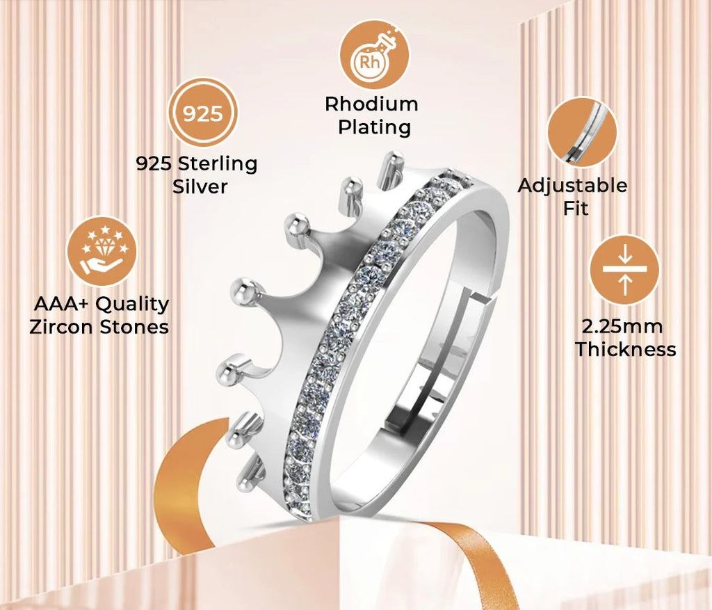 LUSO 92.5% Pure Sterling Silver Adjustable Royal Crown Silver Ring