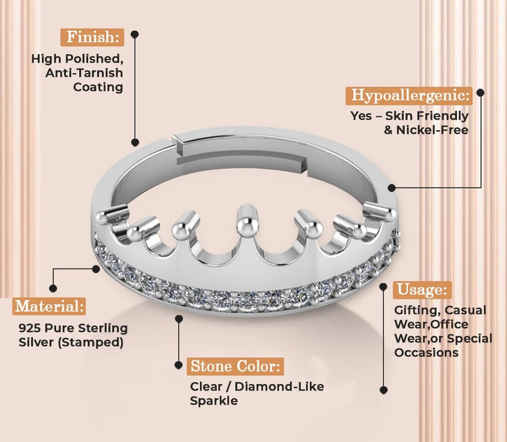 LUSO 92.5% Pure Sterling Silver Adjustable Royal Crown Silver Ring