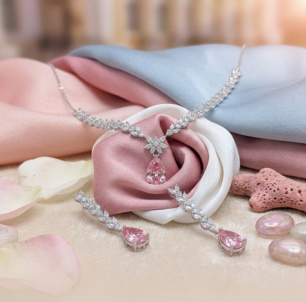 LUSO 92.5% Silver Pink Zircon Necklace Set With Earring