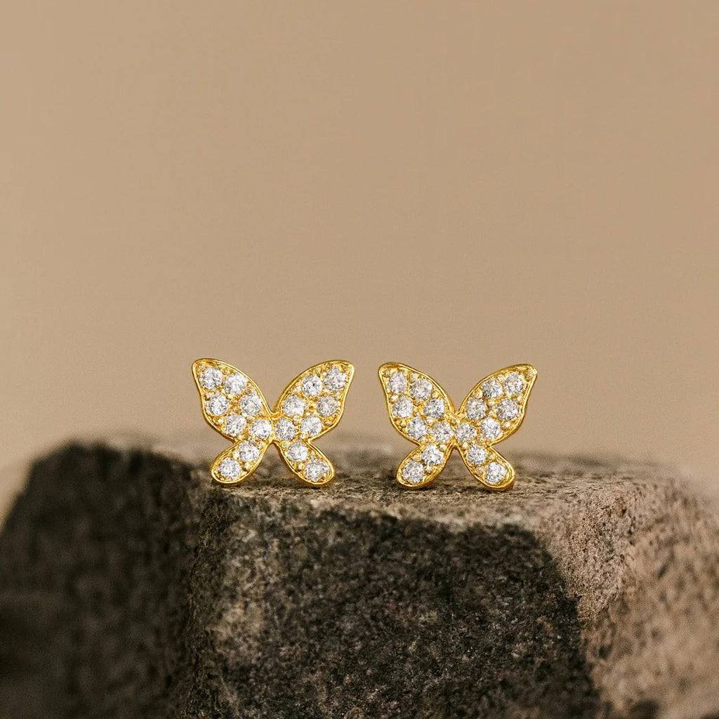 LUSO 92.5% Pure Sterling Silver Yellow Gold Plated Butterfly Stud Earrings