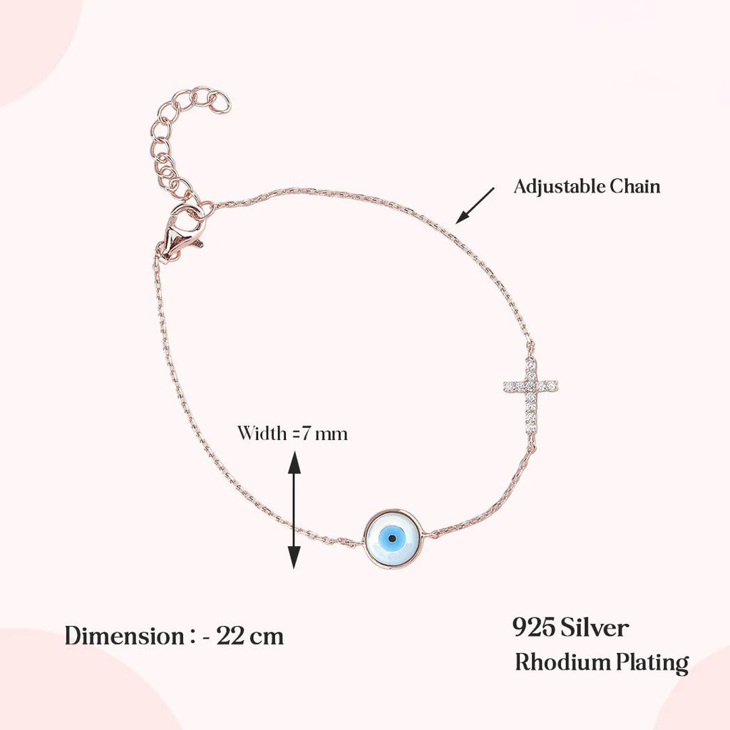 LUSO 92.5% Pure Sterling Silver Evil Eye Rose Gold Plated Bracelet with Cross