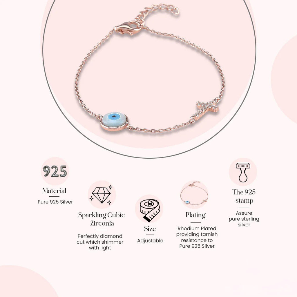 LUSO 92.5% Pure Sterling Silver Evil Eye Rose Gold Plated Bracelet with Cross