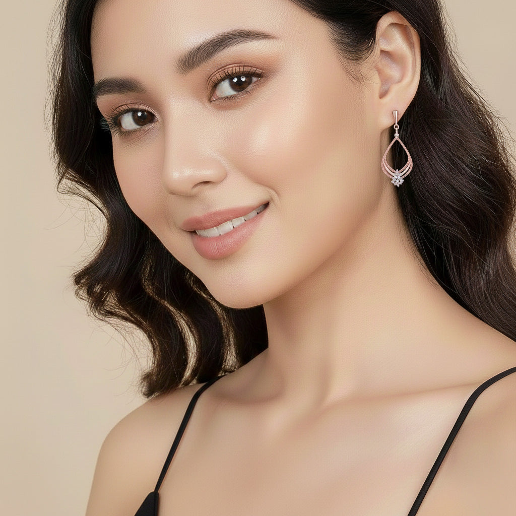 LUSO 92.5% Pure Sterling Silver Rose Gold Drop Earrings with Zircons