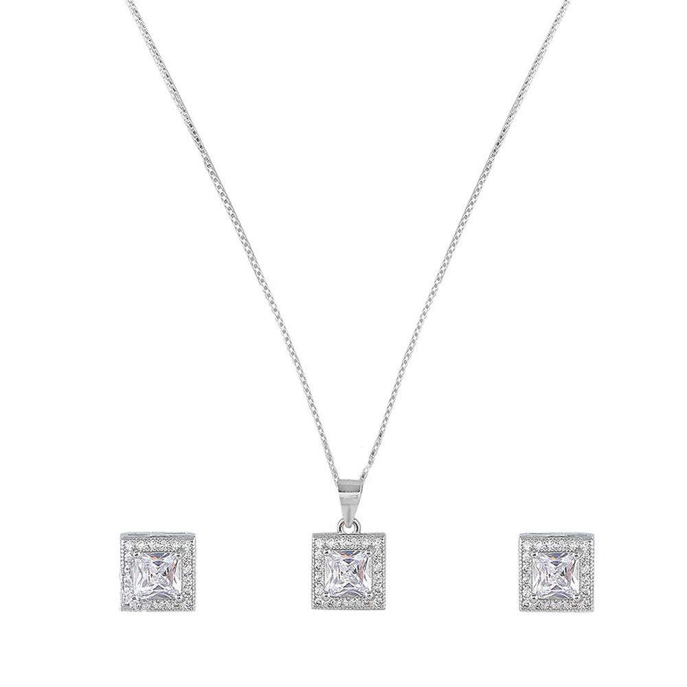 LUSO 92.5% Pure Sterling Silver Square Solitaire Pendant Set with Earrings (No Chain)