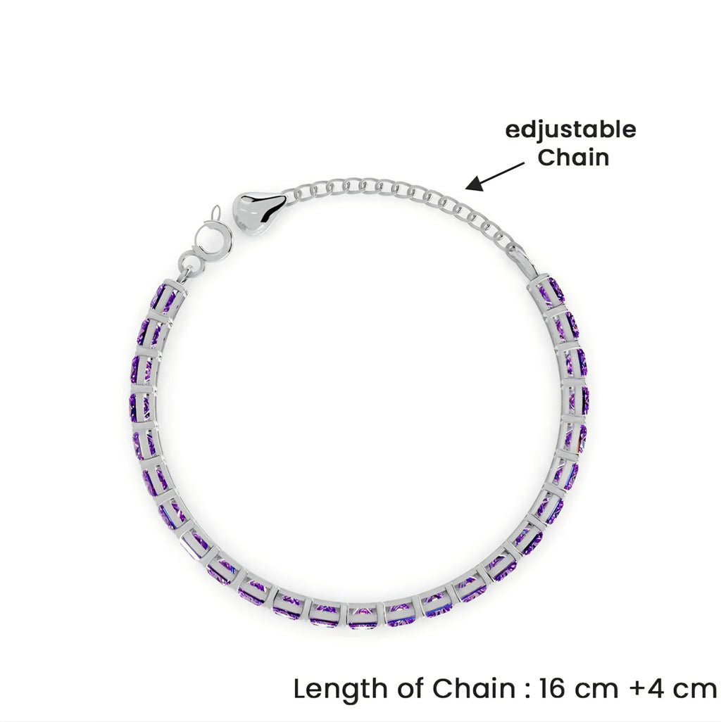 LUSO 92.5% Pure Sterling Silver Adjustable Purple Zircon Diamond, Rhodium Plated Tennis Bracelet