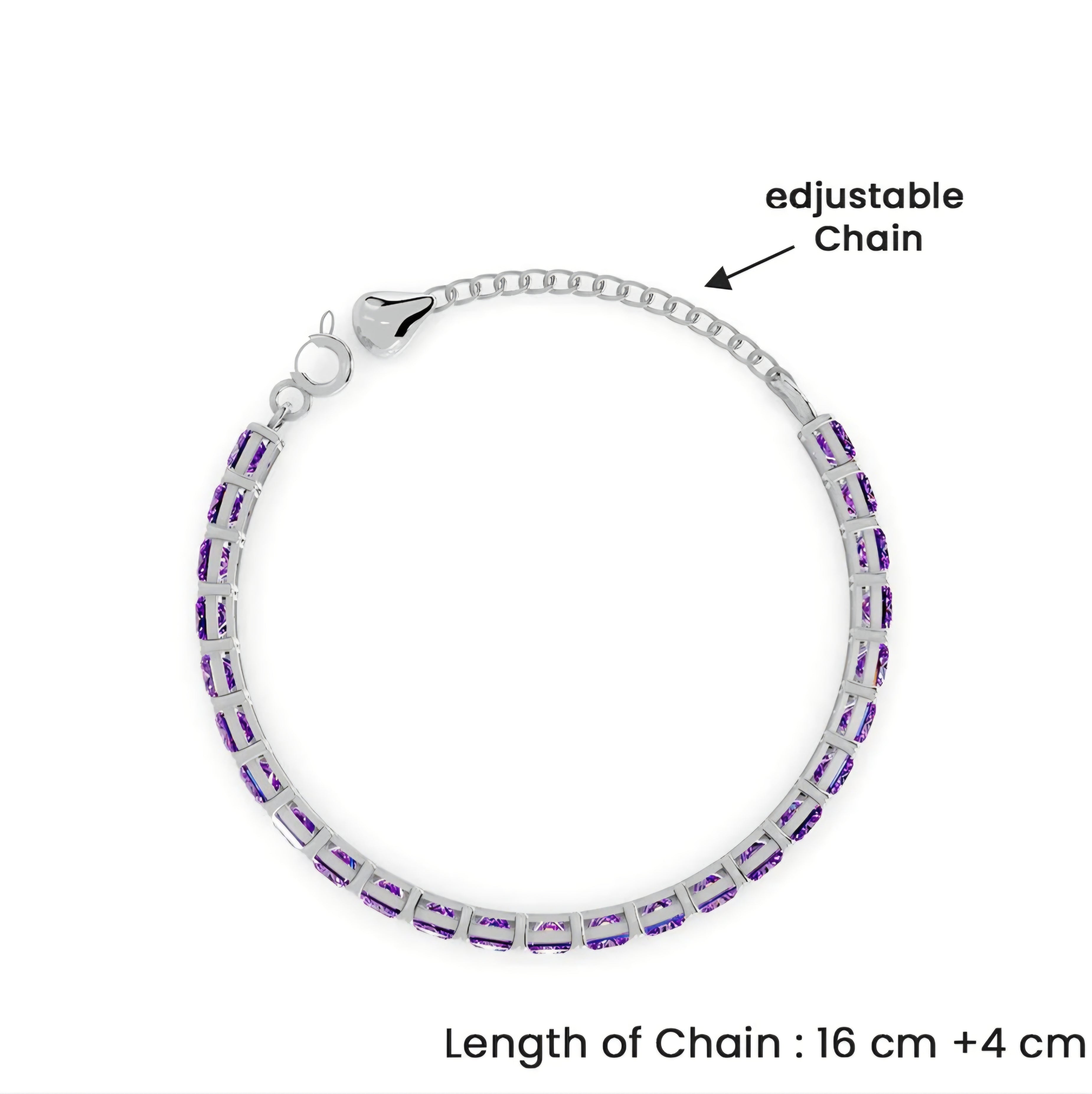 LUSO 92.5% Pure Sterling Silver Adjustable Purple Zircon Diamond, Rhodium Plated Tennis Bracelet