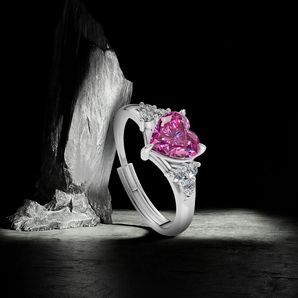 LUSO 92.5% Pure Sterling Silver Adjustable Pink Heart CZ Diamond Ring