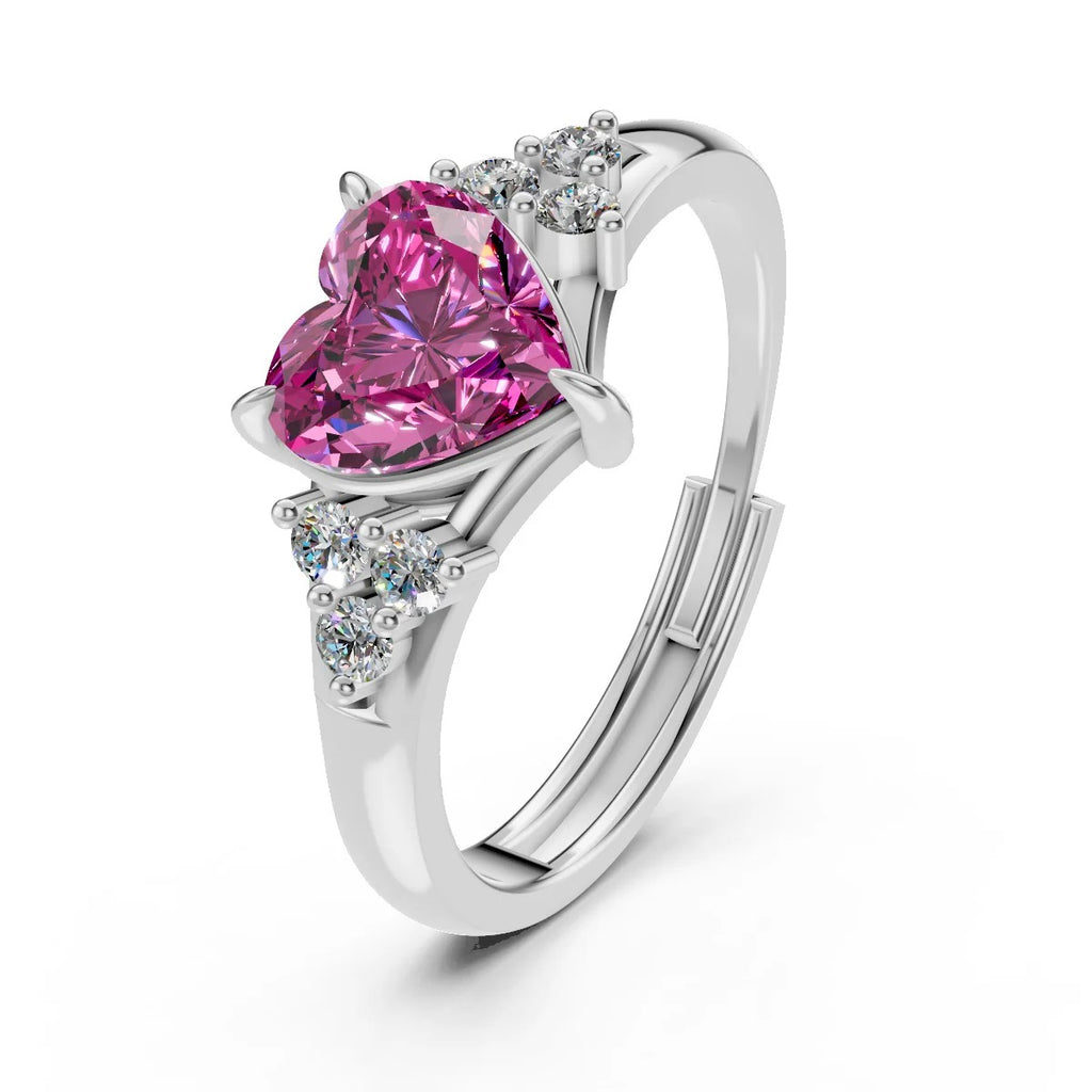 LUSO 92.5% Pure Sterling Silver Adjustable Pink Heart CZ Diamond Ring