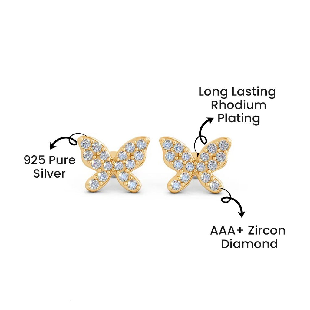 LUSO 92.5% Pure Sterling Silver Yellow Gold Plated Butterfly Stud Earrings