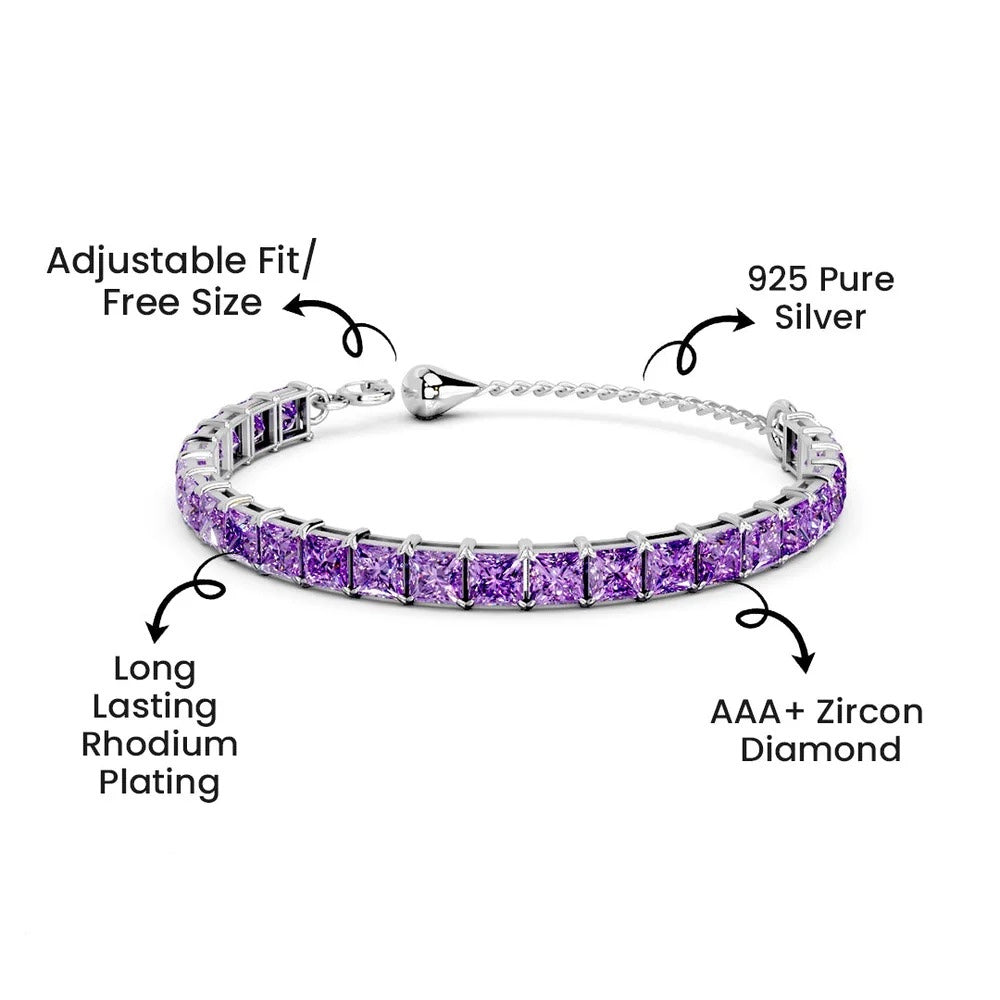 LUSO 92.5% Pure Sterling Silver Adjustable Purple Zircon Diamond, Rhodium Plated Tennis Bracelet