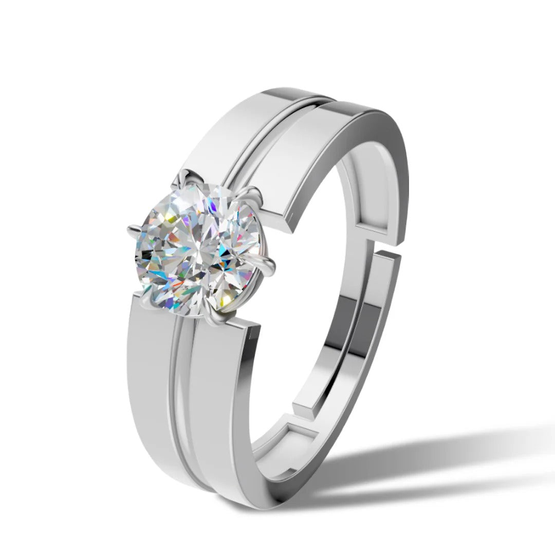 LUSO 92.5% Pure Sterling Silver Adjustable Solitaire Diamond Wedding Ring