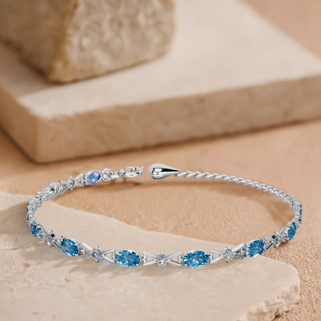 LUSO 92.5% Pure Sterling Silver Blue CZ Bracelet with Crystals – Elegant Adjustable Chain Design