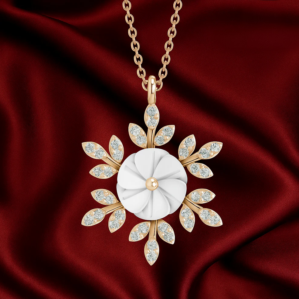 LUSO 92.5% Pure Sterling Silver Floral Pendant Necklace Rose Gold Finish with AAA+ Zircon & White Shell Design