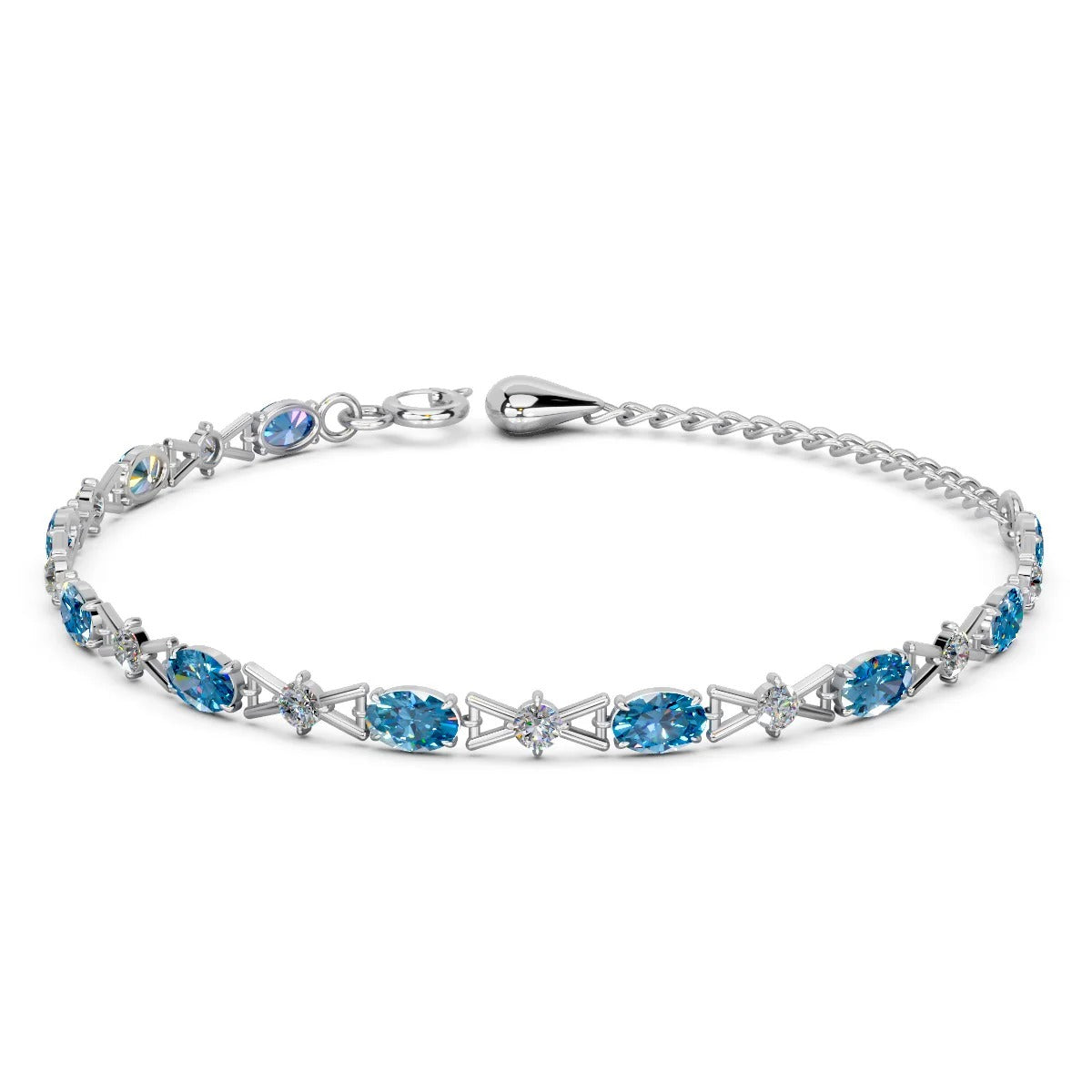 LUSO 92.5% Pure Sterling Silver Blue CZ Bracelet with Crystals – Elegant Adjustable Chain Design