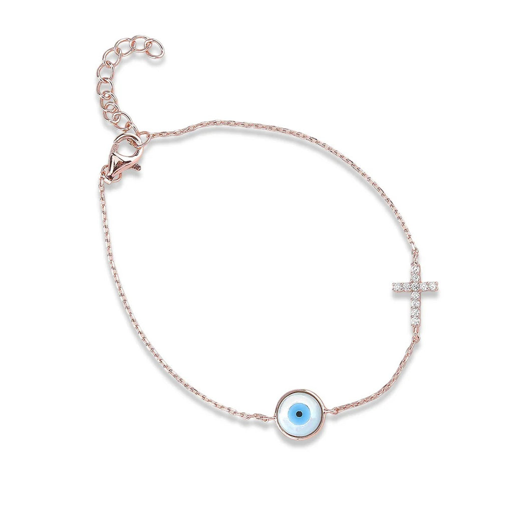 LUSO 92.5% Pure Sterling Silver Evil Eye Rose Gold Plated Bracelet with Cross