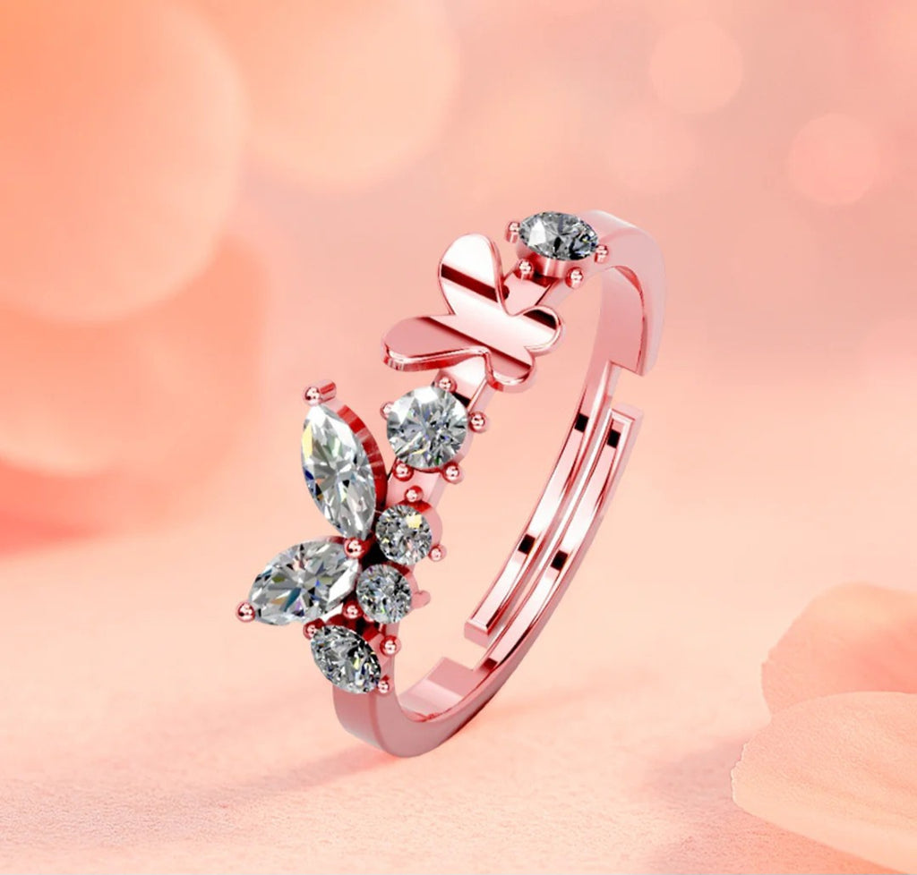 LUSO 92.5% Pure Sterling Silver Rose Gold Plated Butterfly Design Adjustable Ring
