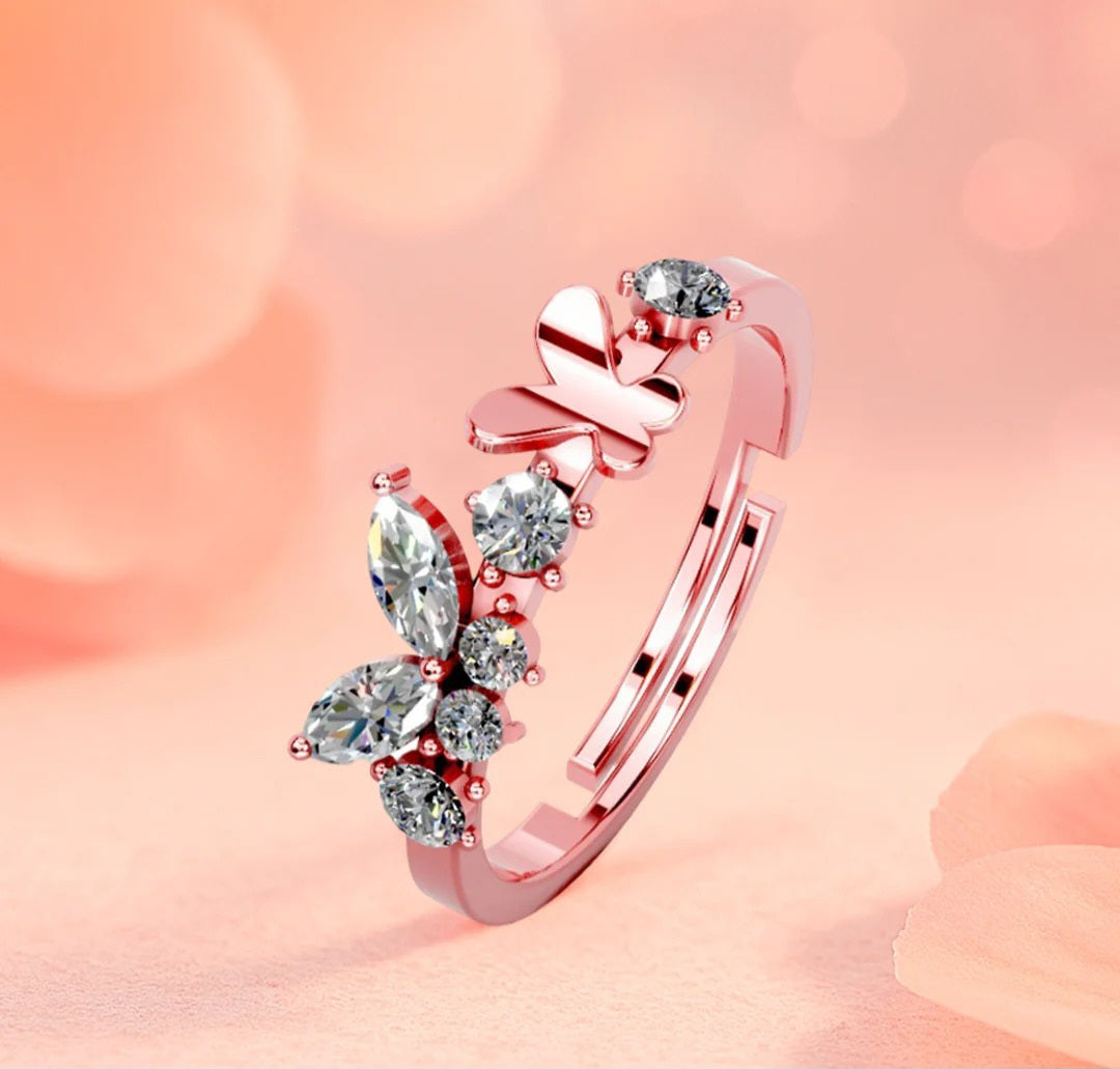 LUSO 92.5% Pure Sterling Silver Rose Gold Plated Butterfly Design Adjustable Ring