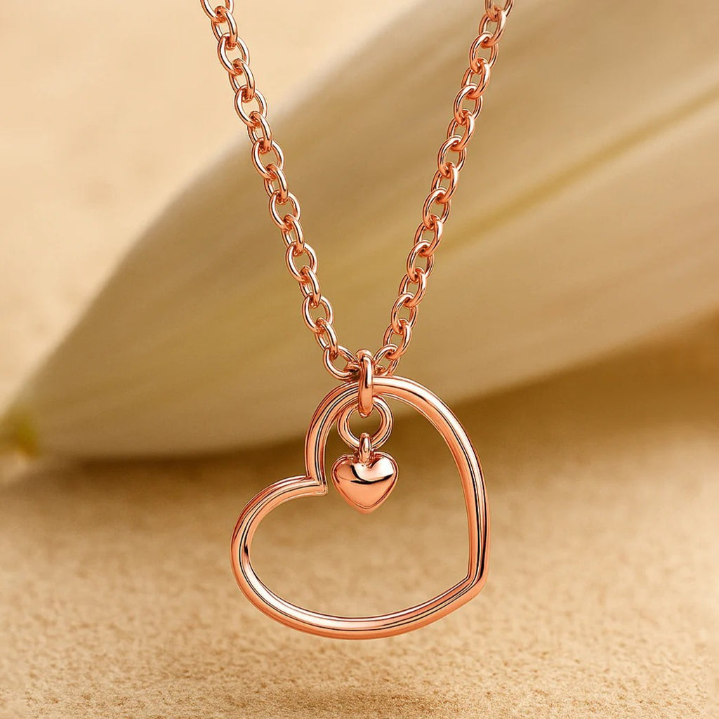 LUSO 92.5% Pure Sterling Silver Rose Gold Plated Open Heart Pendant with Dangling Mini Heart Charm