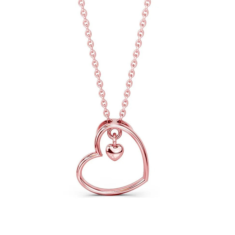 LUSO 92.5% Pure Sterling Silver Rose Gold Plated Open Heart Pendant with Dangling Mini Heart Charm