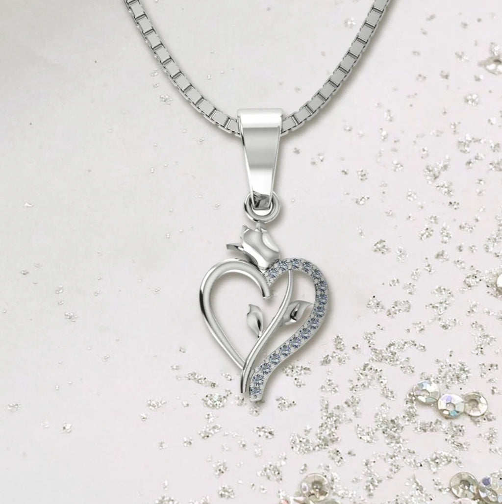 LUSO 92.5% Pure Sterling Silver Rose Heart Pendant with chain