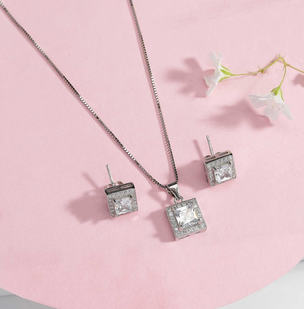 LUSO 92.5% Pure Sterling Silver Square Solitaire Pendant Set with Earrings (No Chain)