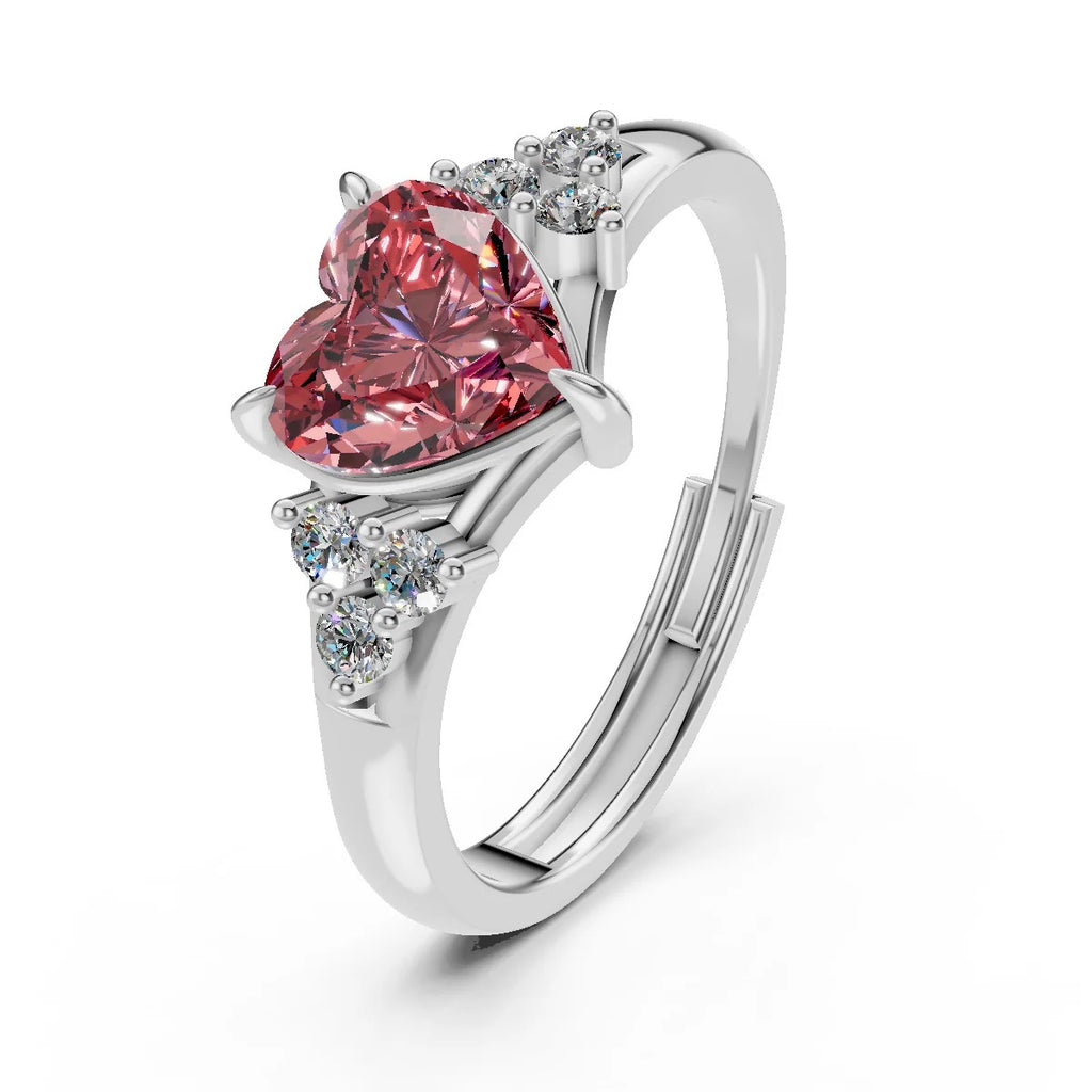 LUSO 92.5% Pure Sterling Silver Adjustable Red Heart CZ Diamond Ring