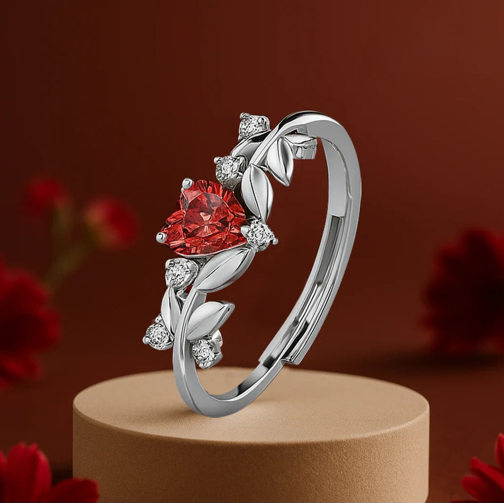 LUSO 92.5% Pure Sterling Silver Adjustable Red Heart CZ Stone Ring