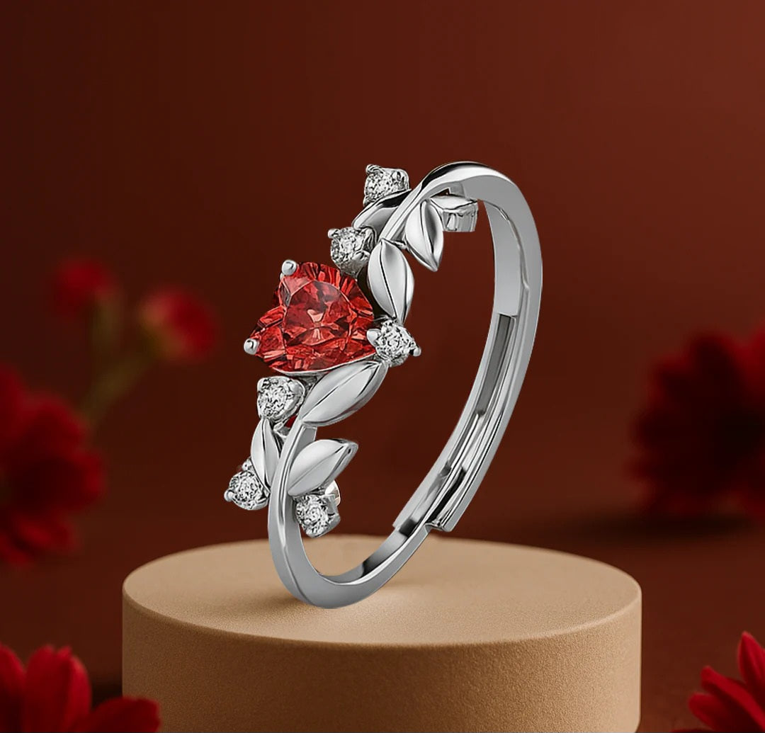 LUSO 92.5% Pure Sterling Silver Adjustable Red Heart CZ Stone Ring
