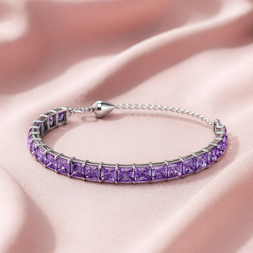 LUSO 92.5% Pure Sterling Silver Adjustable Purple Zircon Diamond, Rhodium Plated Tennis Bracelet