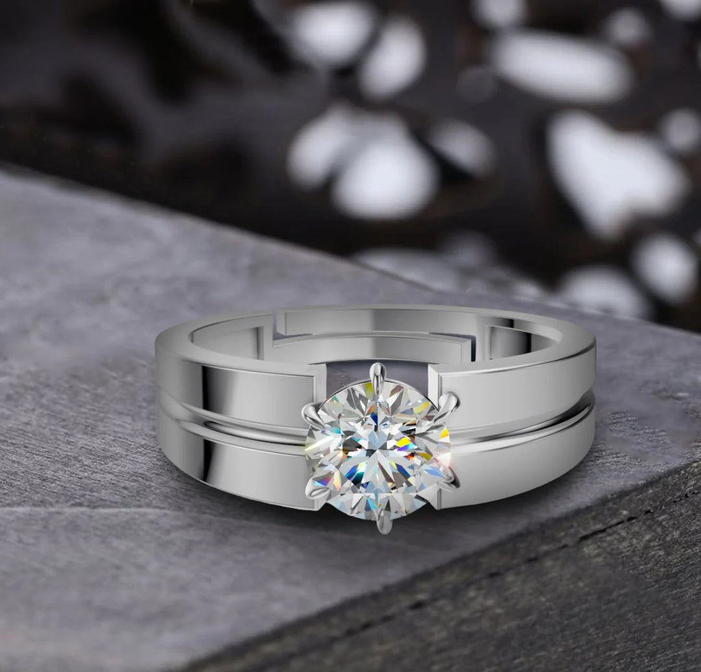 LUSO 92.5% Pure Sterling Silver Adjustable Solitaire Diamond Wedding Ring