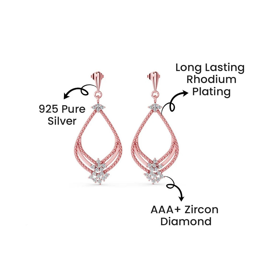 LUSO 92.5% Pure Sterling Silver Rose Gold Drop Earrings with Zircons