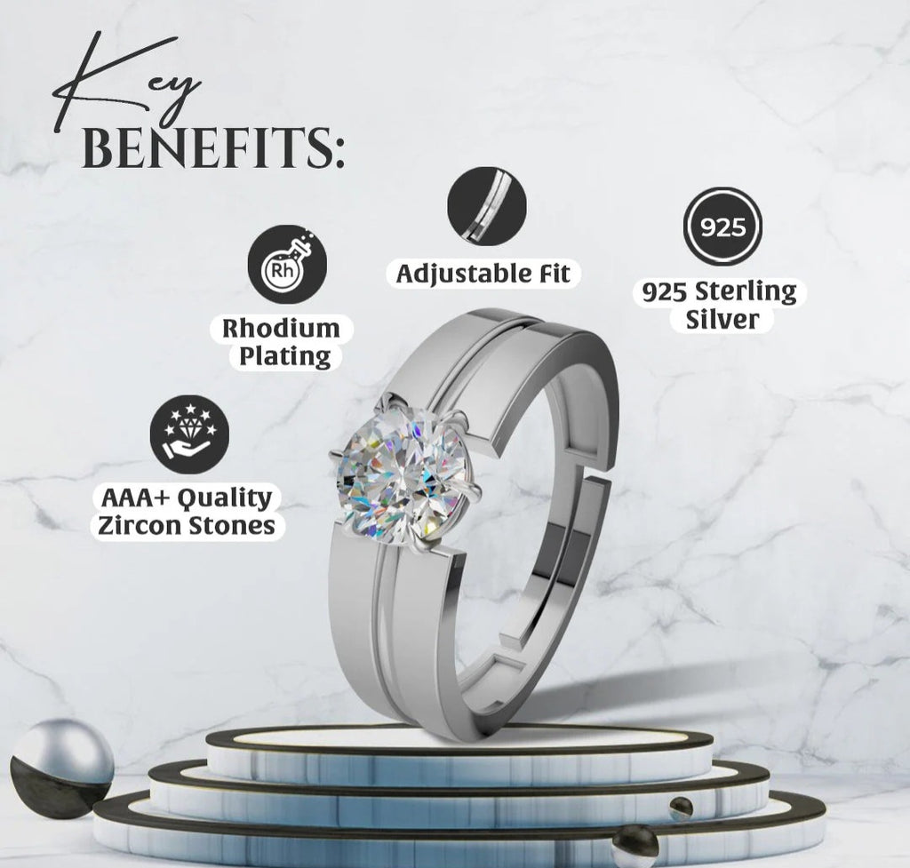 LUSO 92.5% Pure Sterling Silver Adjustable Solitaire Diamond Wedding Ring