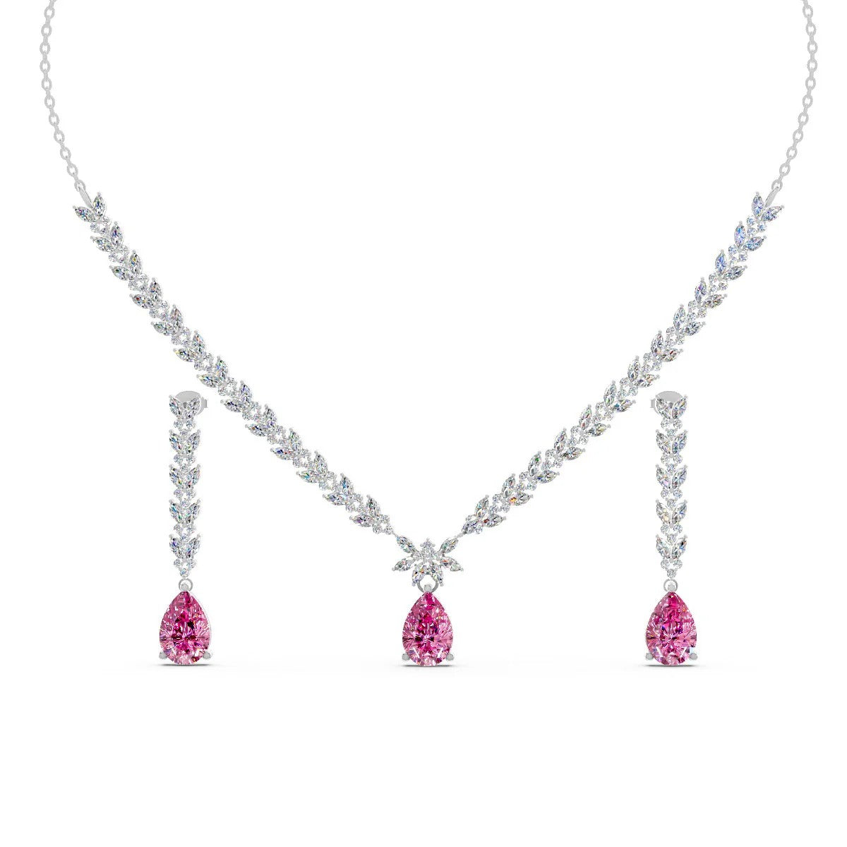 LUSO 92.5% Silver Pink Zircon Necklace Set With Earring