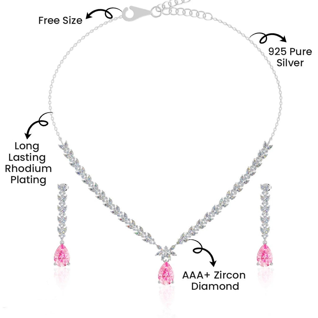 LUSO 92.5% Silver Pink Zircon Necklace Set With Earring