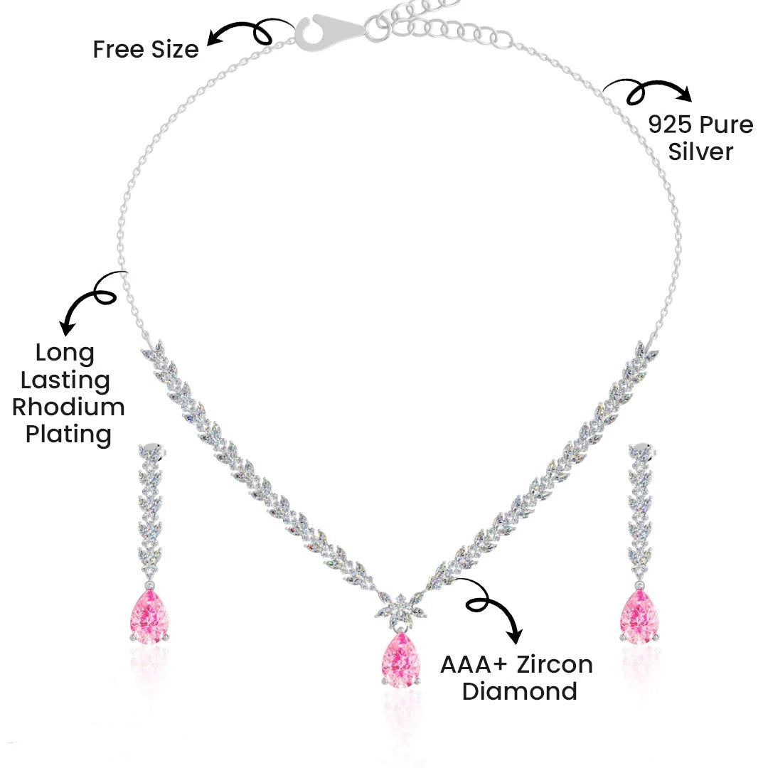 LUSO 92.5% Silver Pink Zircon Necklace Set With Earring