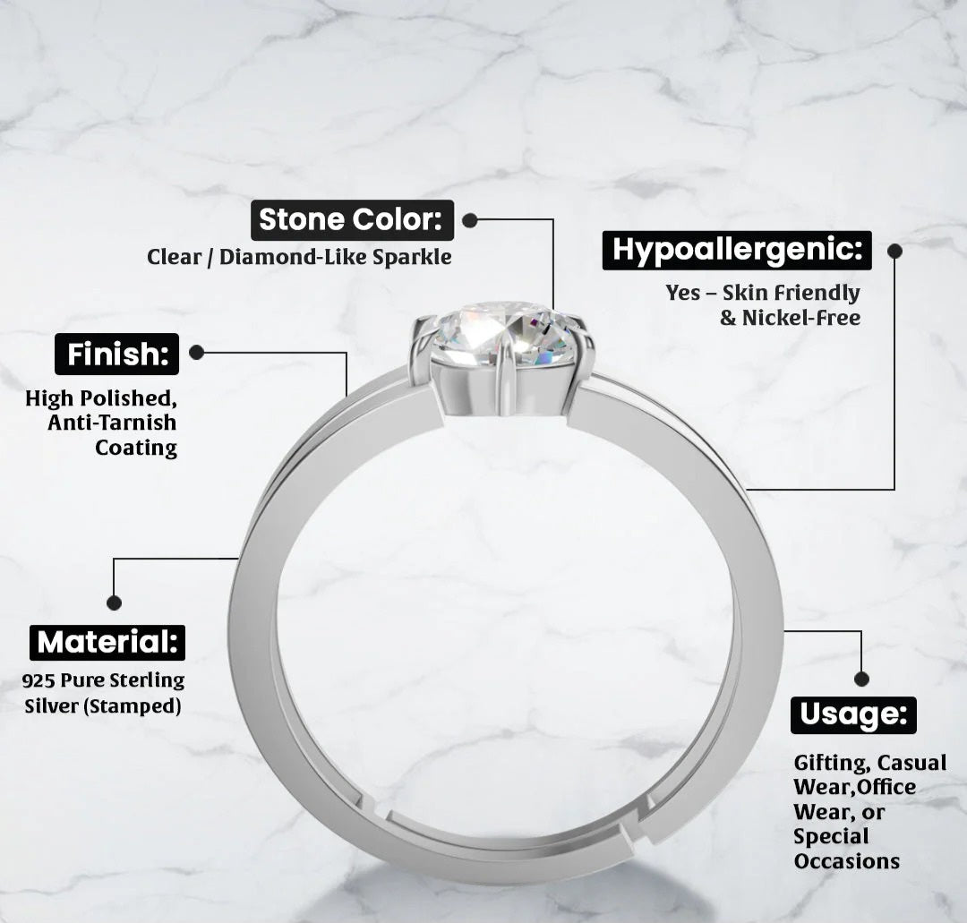 LUSO 92.5% Pure Sterling Silver Adjustable Solitaire Diamond Wedding Ring