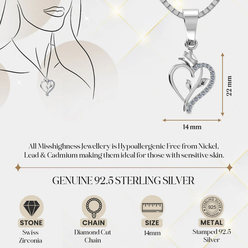 LUSO 92.5% Pure Sterling Silver Rose Heart Pendant with chain