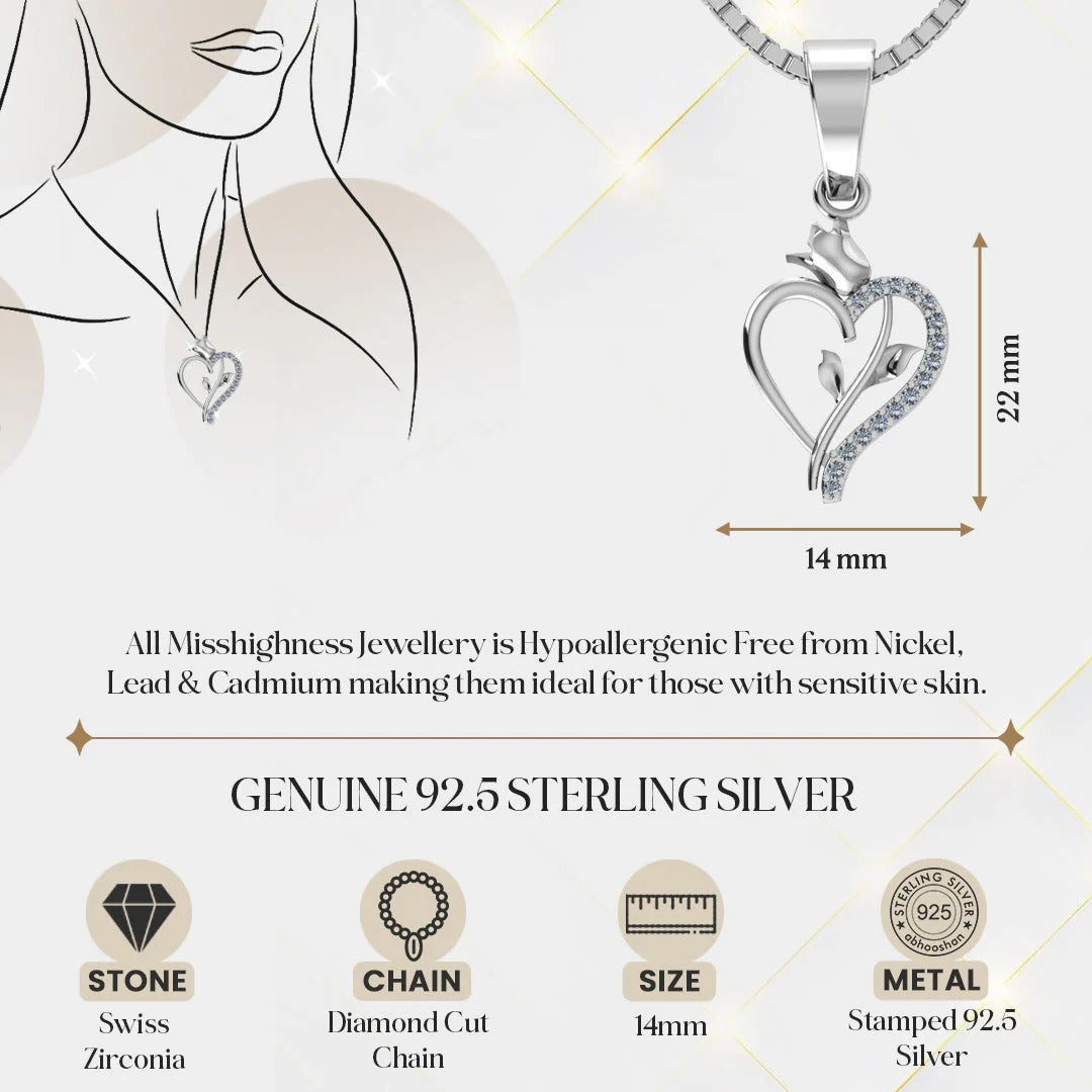 LUSO 92.5% Pure Sterling Silver Rose Heart Pendant with chain