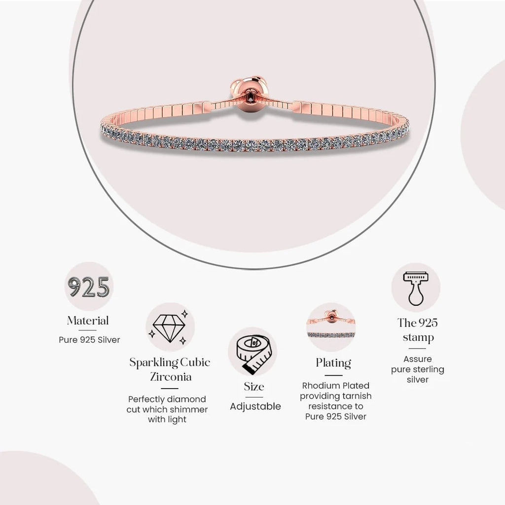LUSO 92.5% Pure Sterling Silver Rose Gold Plated Tennis Bracelet with American Diamond
