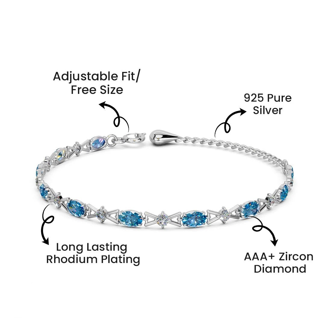 LUSO 92.5% Pure Sterling Silver Blue CZ Bracelet with Crystals – Elegant Adjustable Chain Design