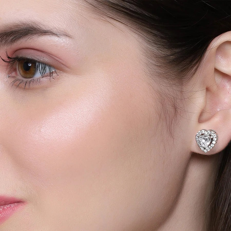 LUSO 92.5% Pure Sterling Sterling Silver Classic Zircon Heart Stud Earrings
