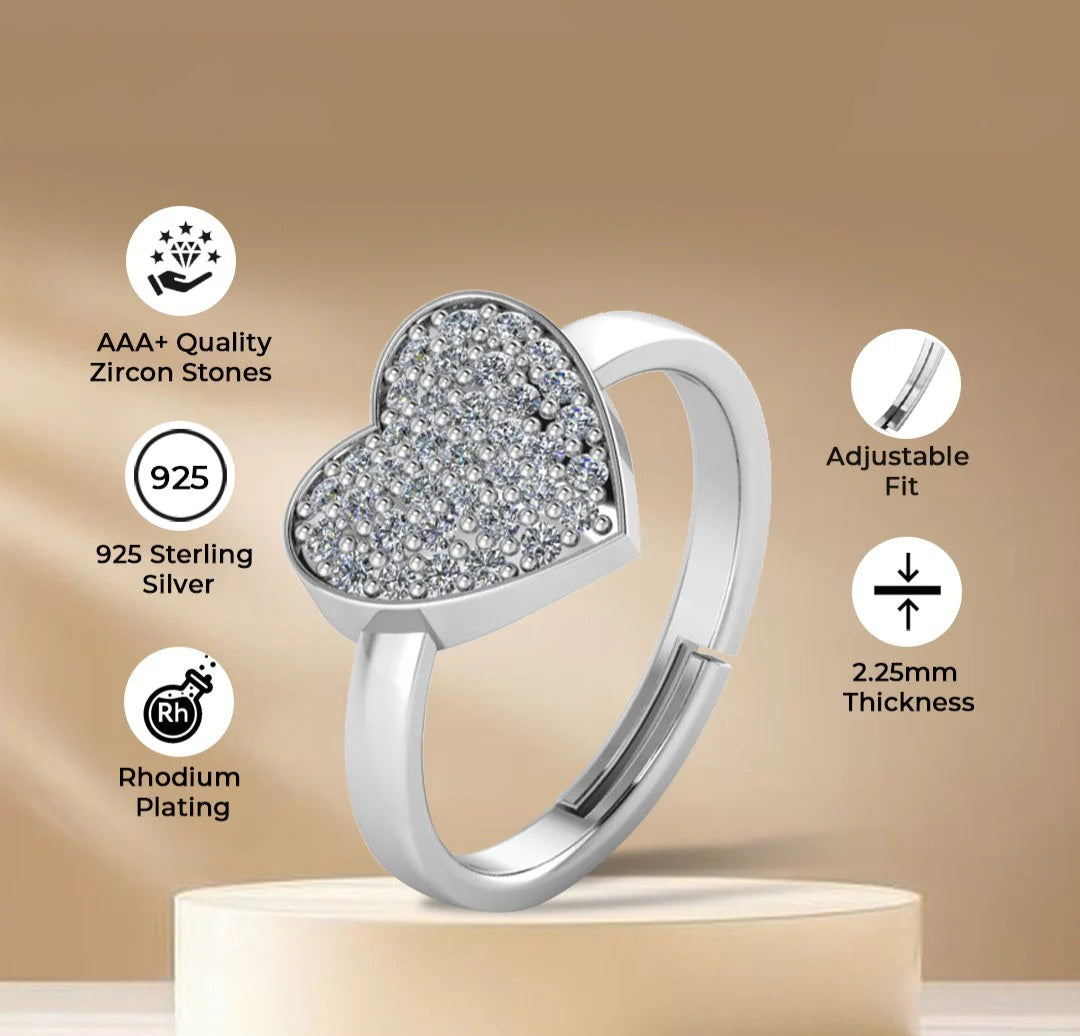 LUSO 92.5% Pure Sterling Silver Adjustable Trendor Heart Decor Ring