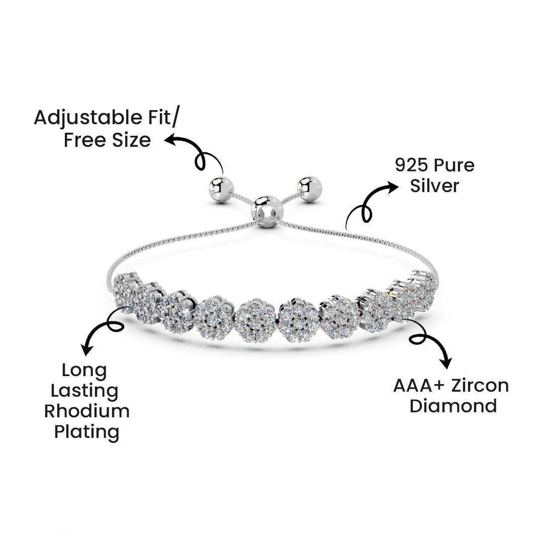 LUSO 92.5% Pure Sterling Silver Adjustable Bracelet | Floral Cluster AAA+ Zircon Bracelet